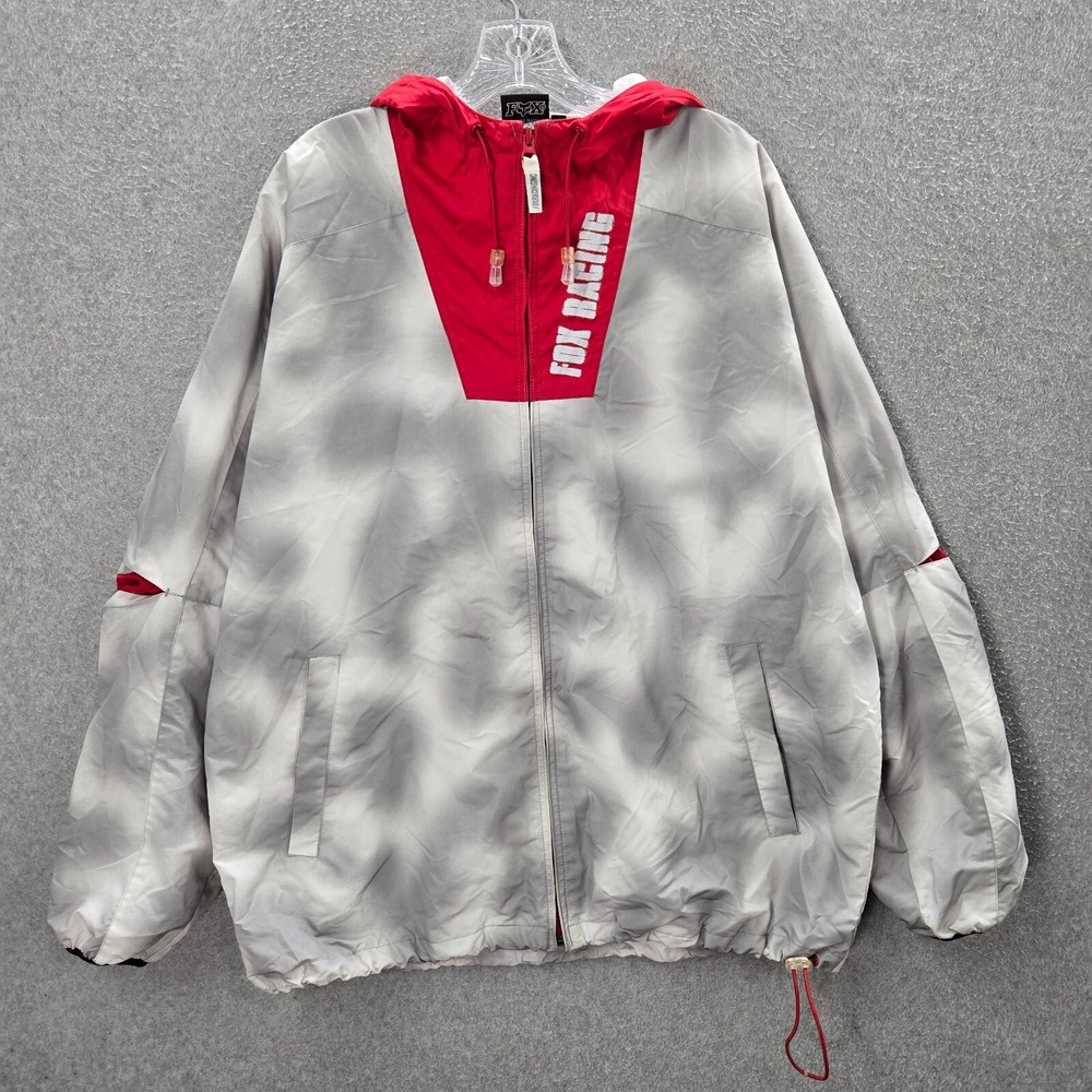 VINTAGE Fox Racing Men Jacket Medium Red Tie Dye Gray Windbreaker Full Zip READ